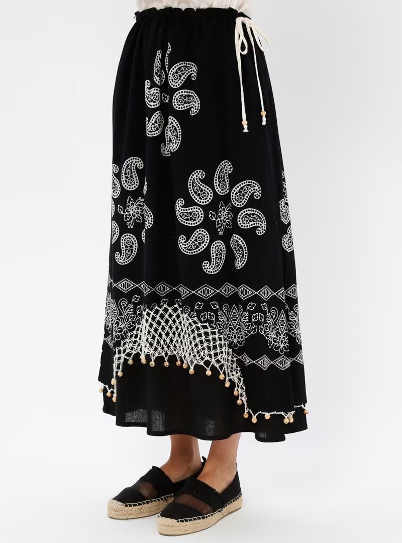 Fileli Şile Bezi Taş Baskı Etek Güneş Desen Siyah Syh