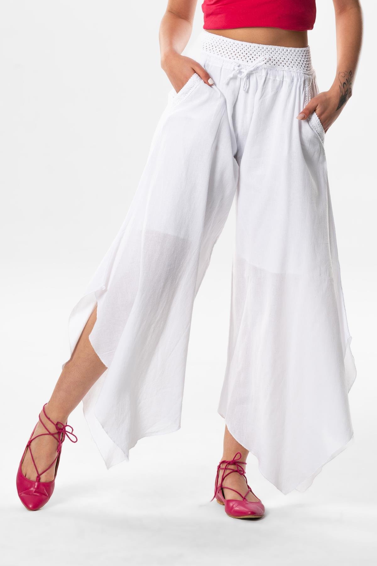 Güzide Şile Bezi Lastikli Simetrik Paça Yazlık Şalvar Beyaz Byz