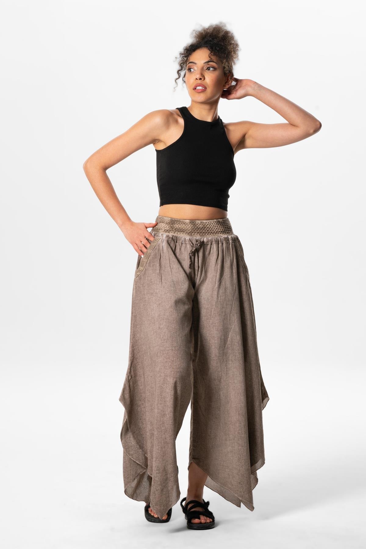 Güzide Şile Bezi Lastikli Simetrik Paça Yazlık Şalvar Toprak Tprk