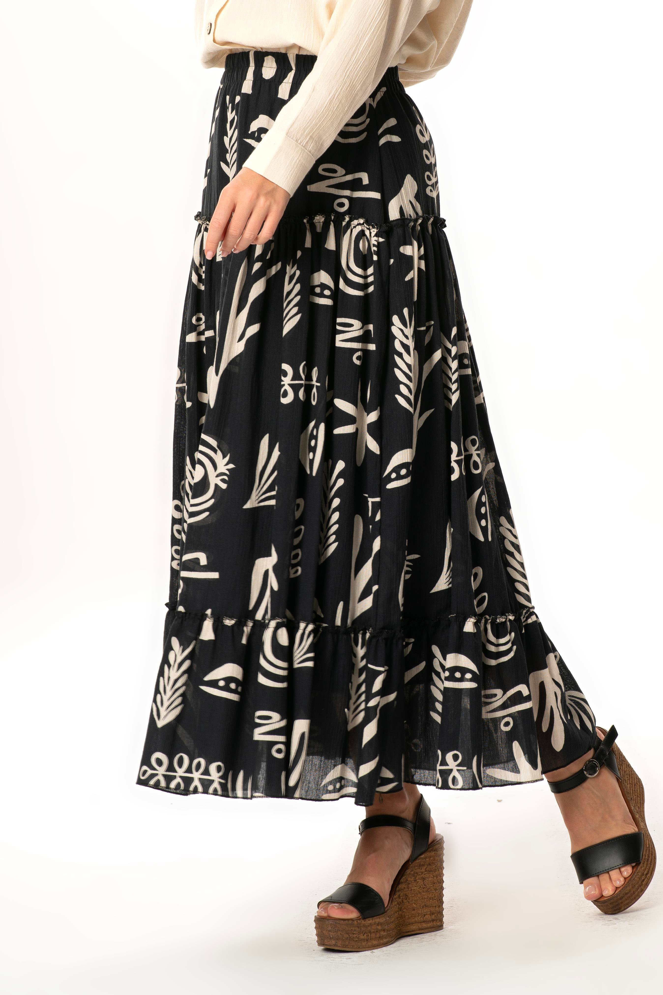 Hale Şile Bezi Yazlık Desenli Uzun Etek Siyah Syh