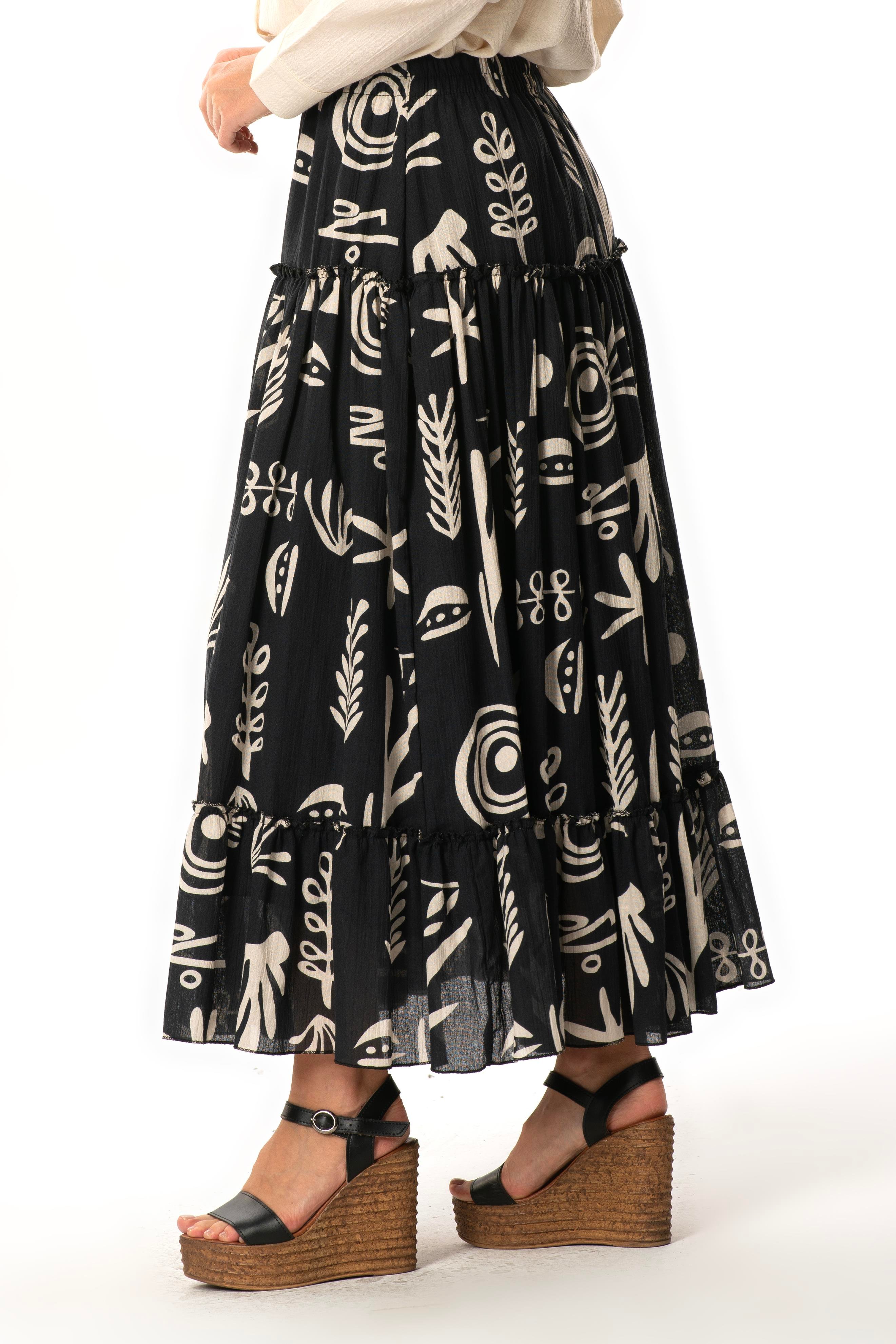 Hale Şile Bezi Yazlık Desenli Uzun Etek Siyah Syh