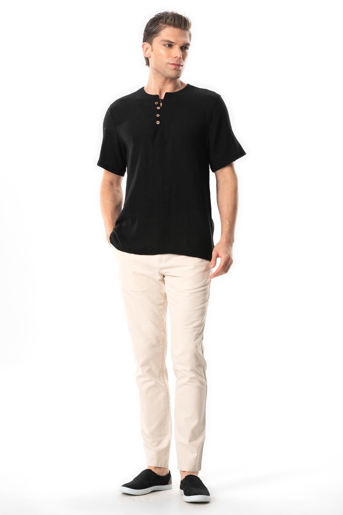 Halikarnas Kısa Kol Violet Düğme Detaylı Erkek Yazlık Tshirt Siyah Syh