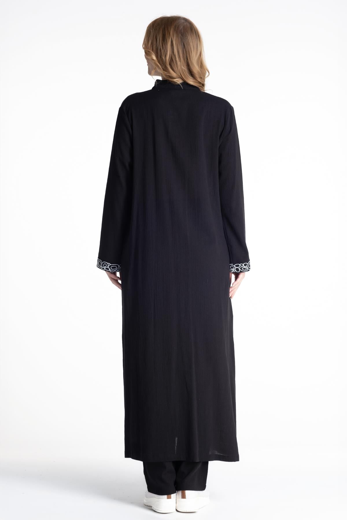 Ringed Double Suit Sile Fabric Abaya Black