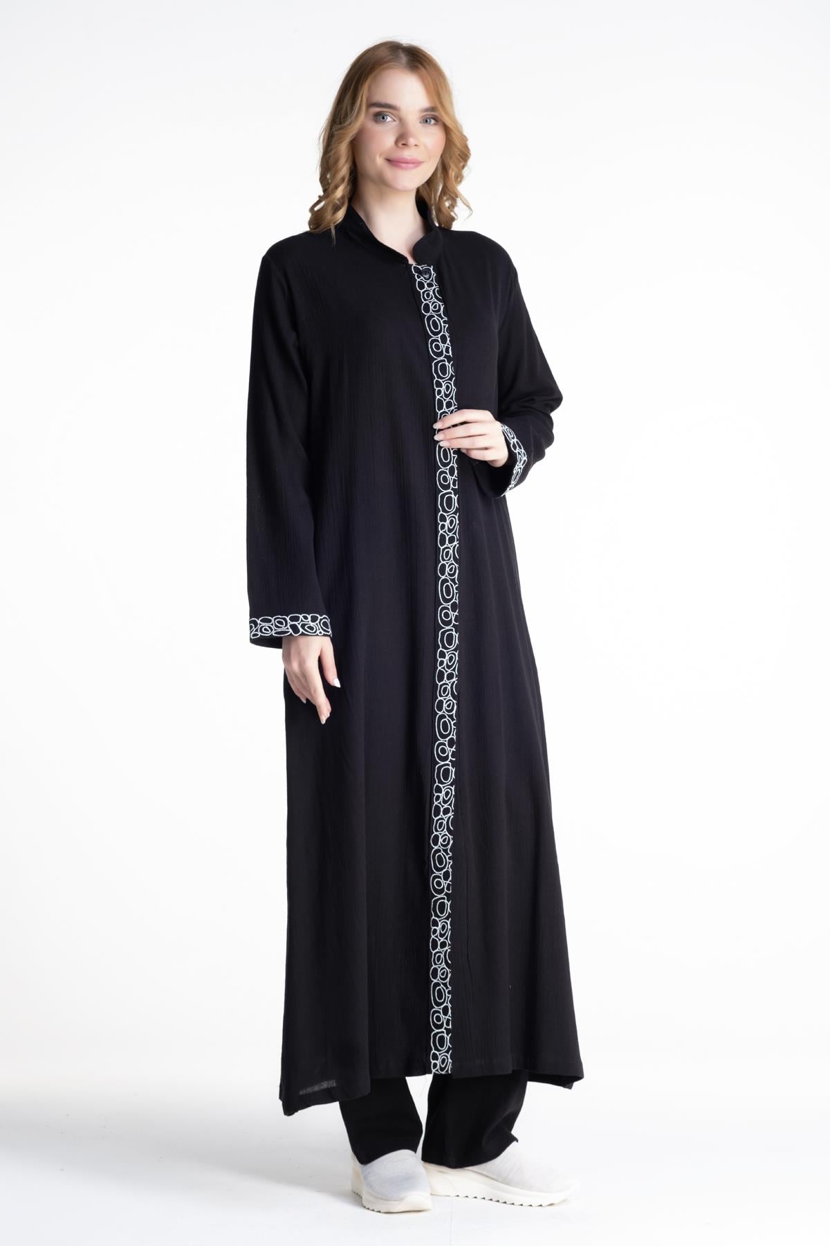 Ringed Double Suit Sile Fabric Abaya Black