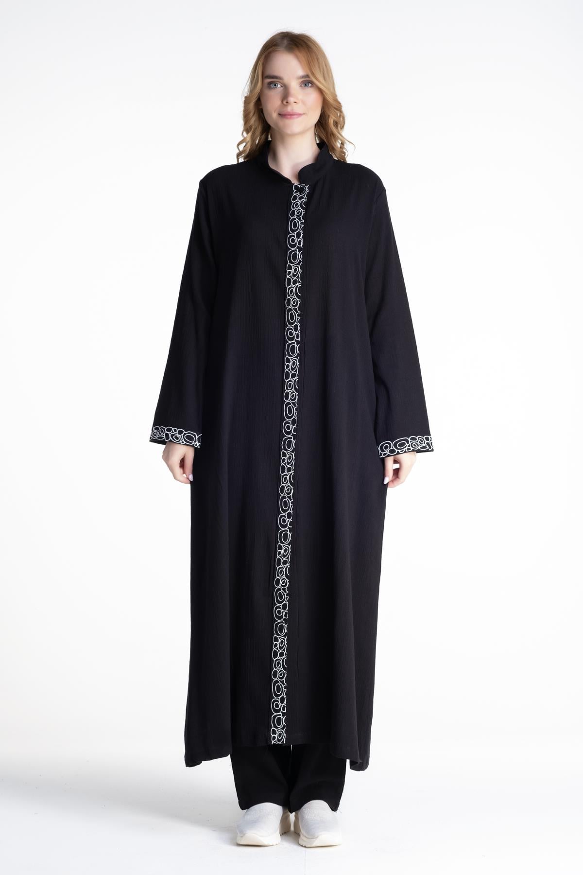 Ringed Double Suit Sile Fabric Abaya Black