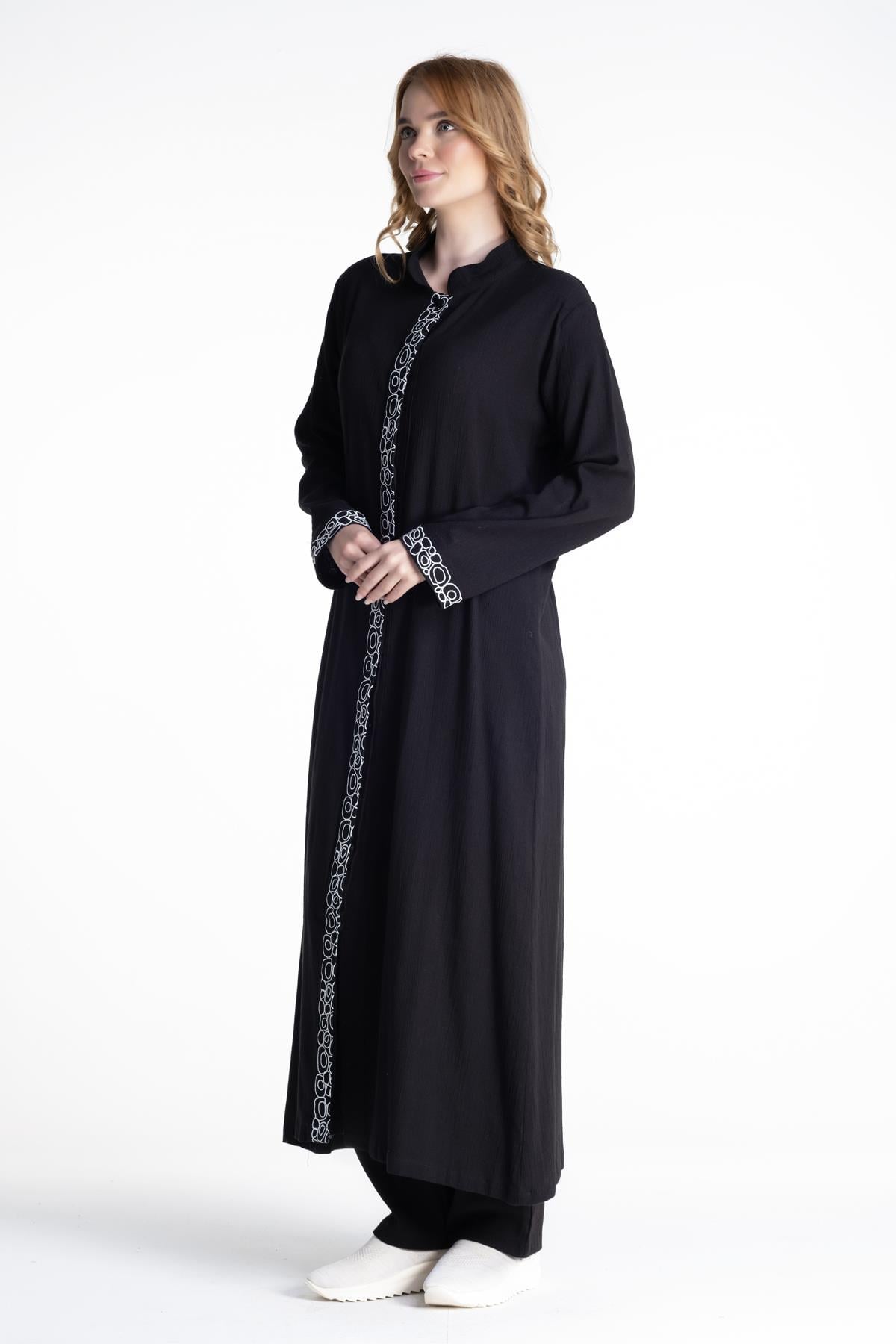 Ringed Double Suit Sile Fabric Abaya Black