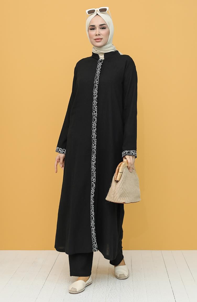 Ringed Double Suit Sile Fabric Abaya Black