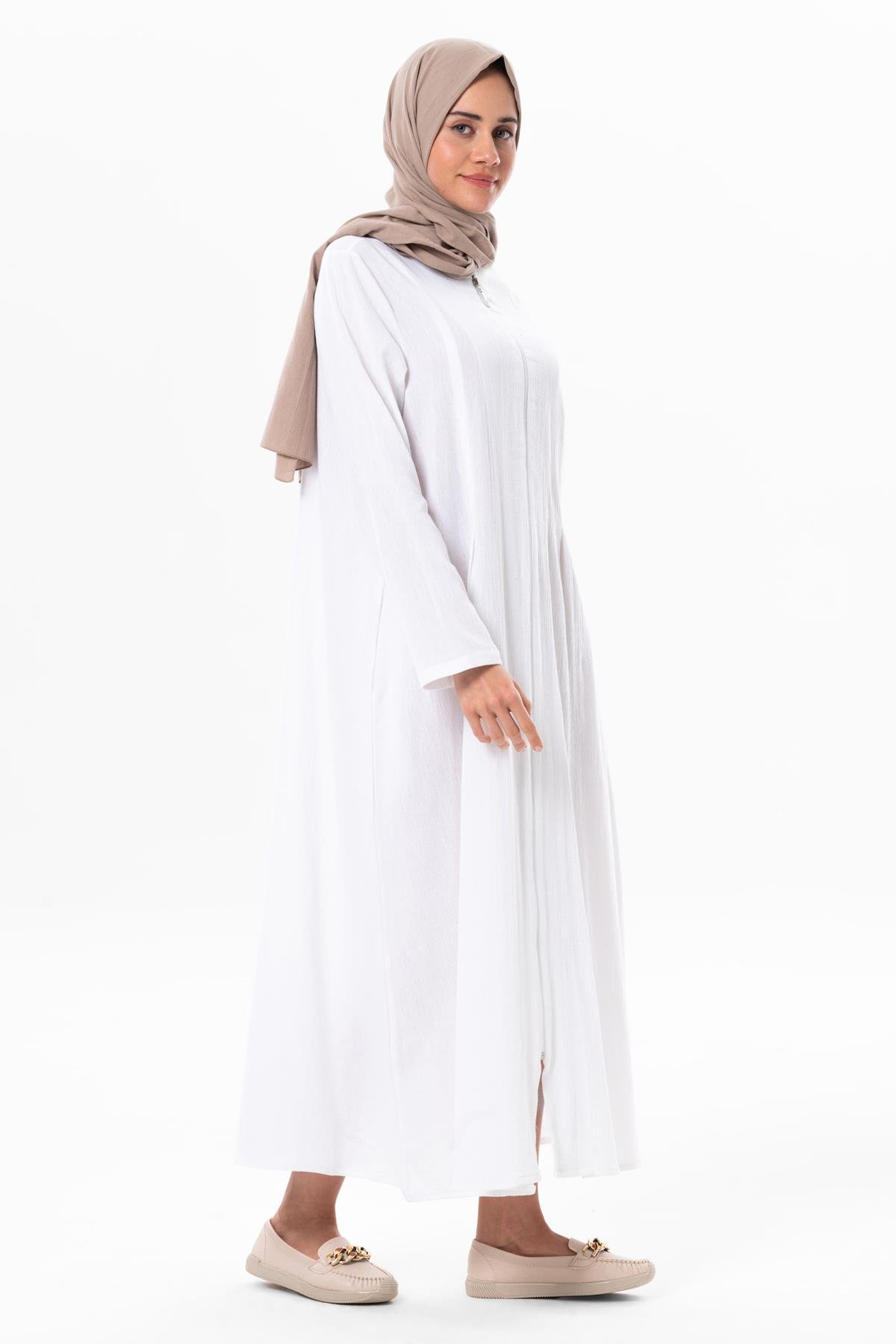 Hicran Şile Bezi Büyük Beden Fermuarlı Mevsimlik ve Yazlık Ferace Beyaz Byz