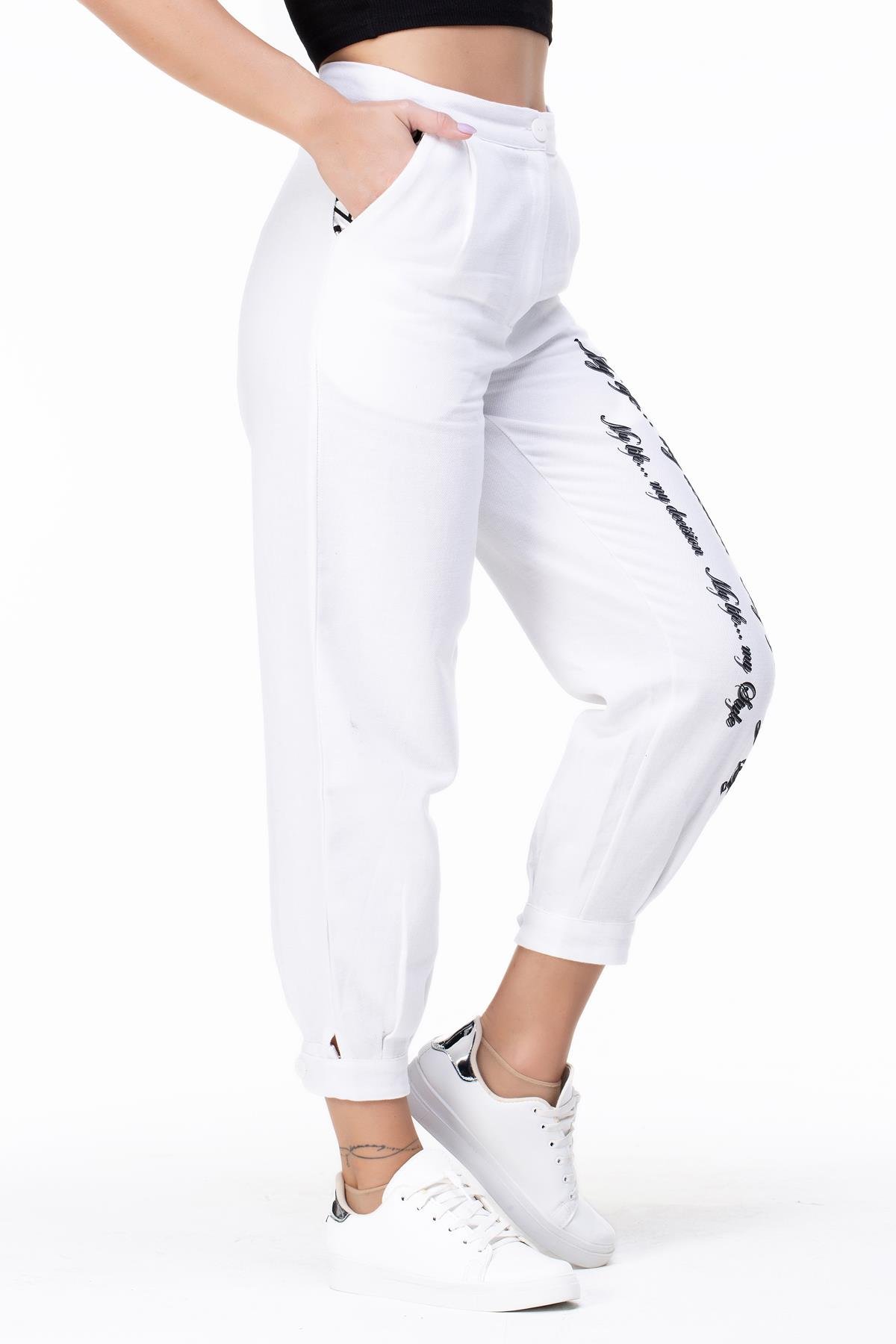 İlkay Baskılı Pazen Pantolon Beyaz Byz