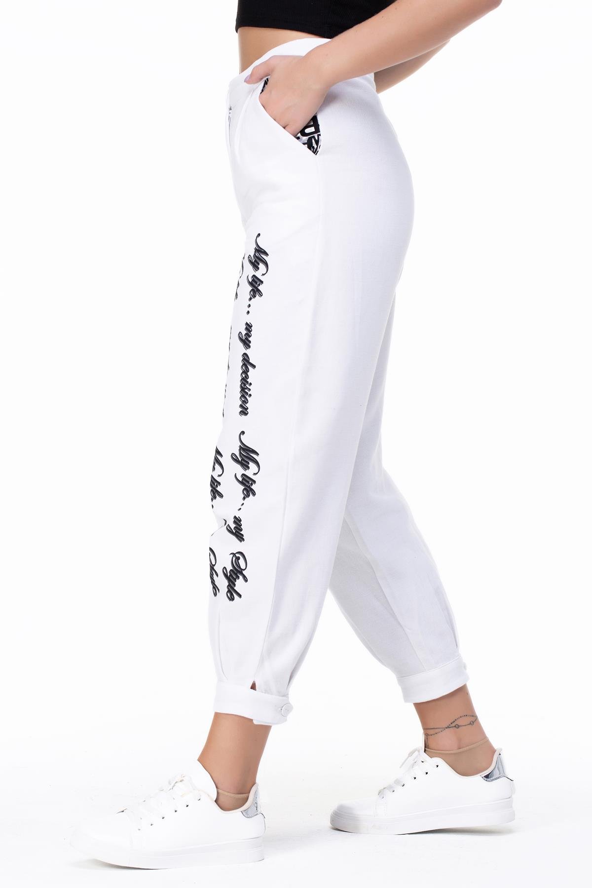 İlkay Baskılı Pazen Pantolon Beyaz Byz