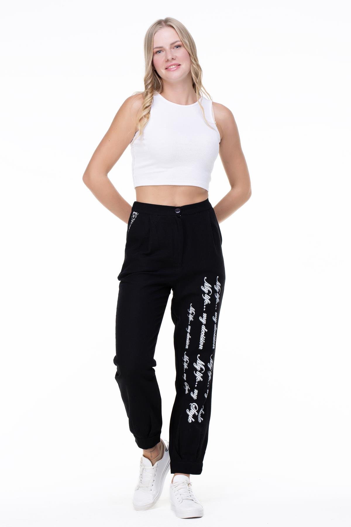 İlkay Baskılı Pazen Pantolon Siyah Syh