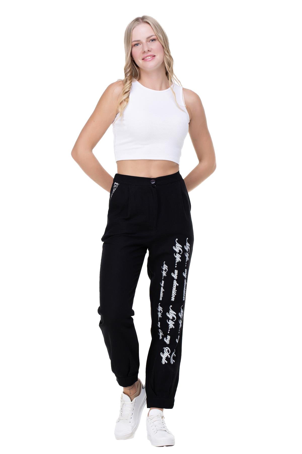 İlkay Baskılı Pazen Sonbahar ve Kışlık Pantolon Siyah Syh