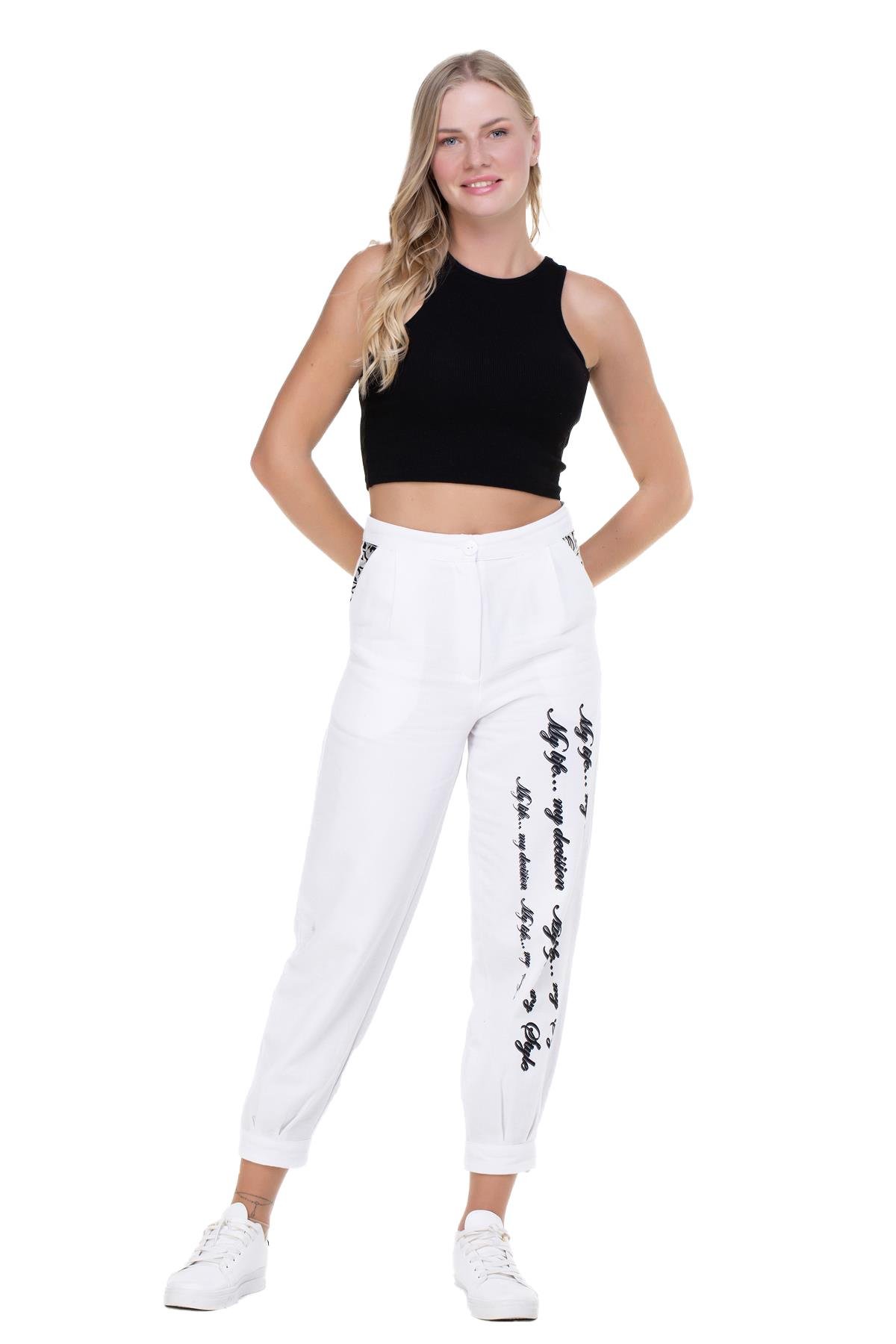 İlkay Baskılı Pazen Sonbahar ve Kışlık Pantolon Beyaz Byz