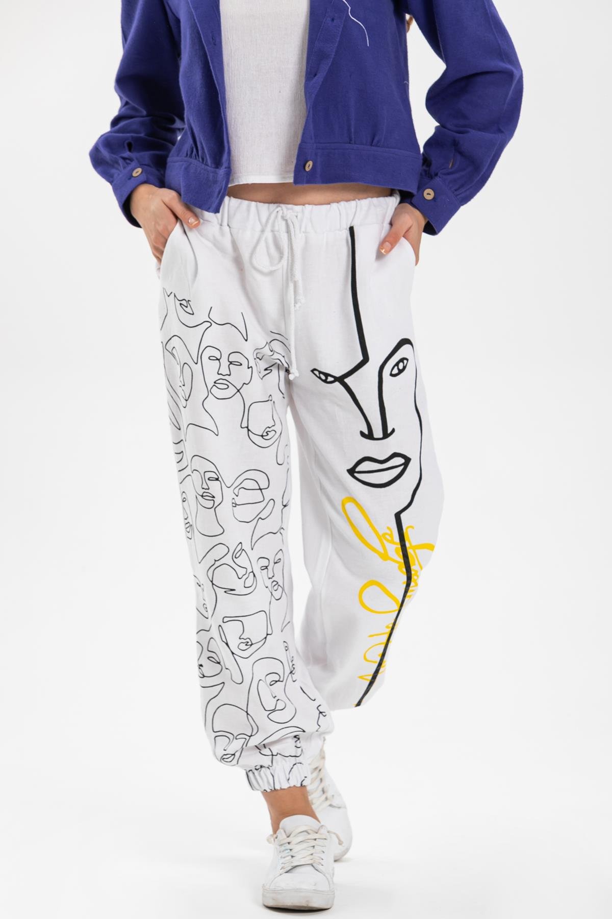 İrem Baskılı Pazen Pantolon Beyaz Byz