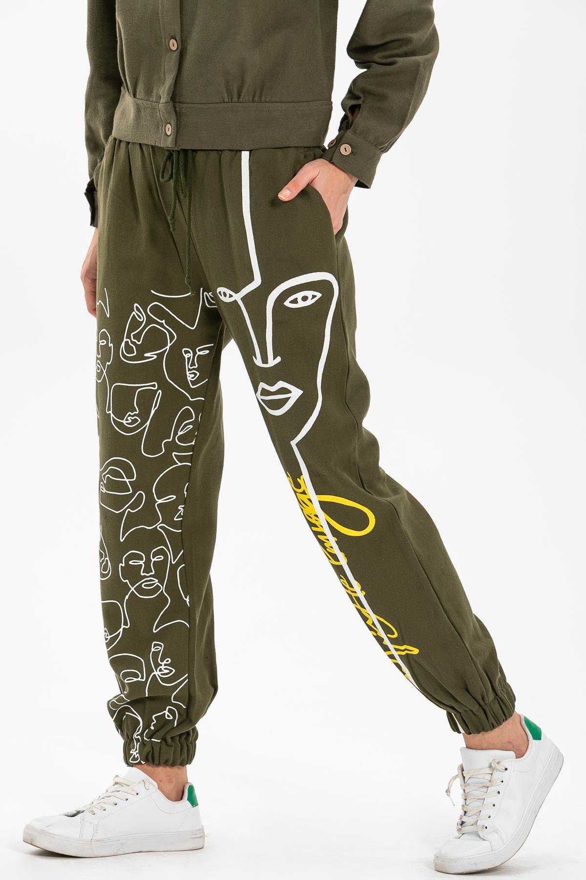 İrem Baskılı Pazen Pantolon Haki Hk