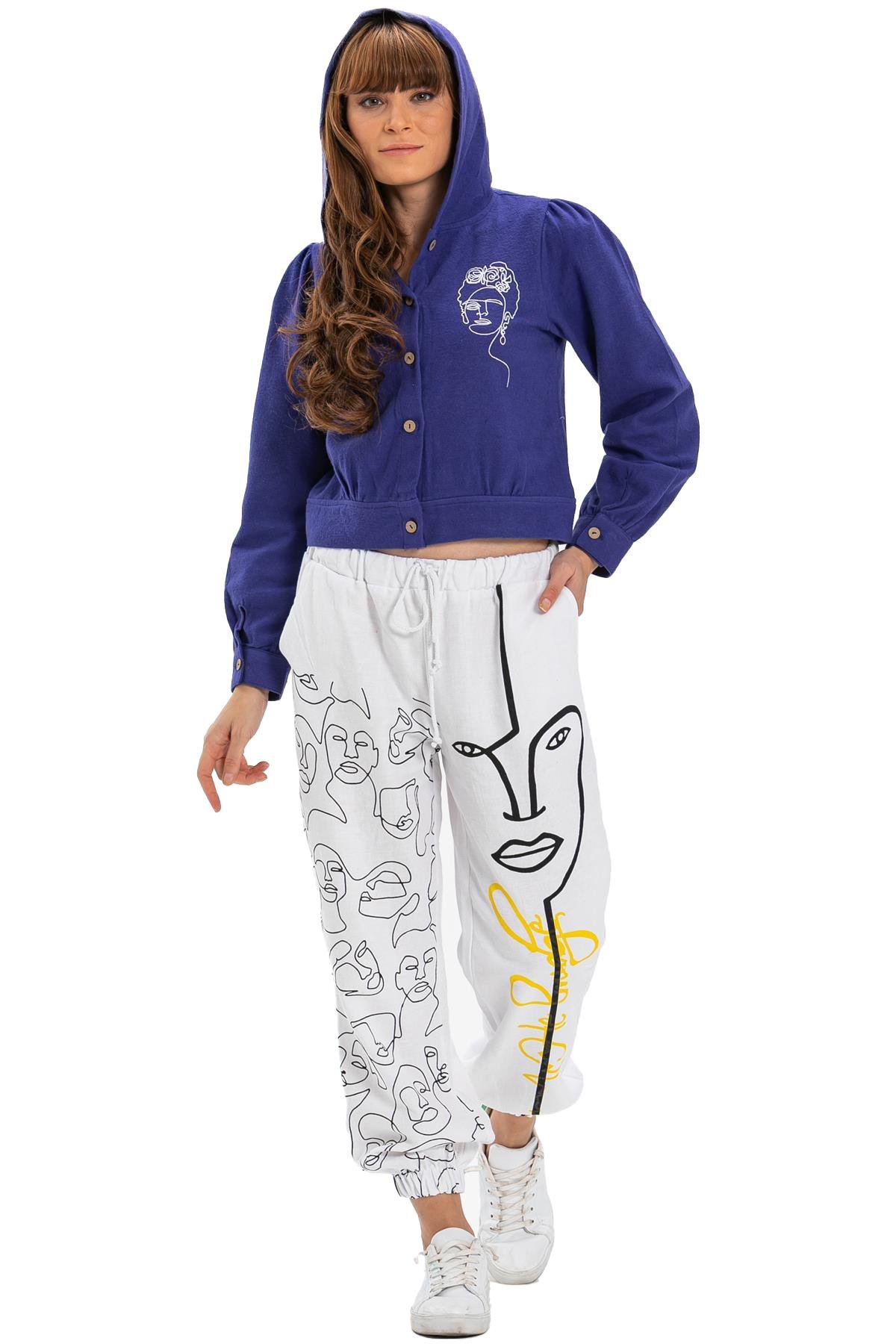 İrem Baskılı Pazen Sonbahar ve Kışlık Pantolon Beyaz Byz