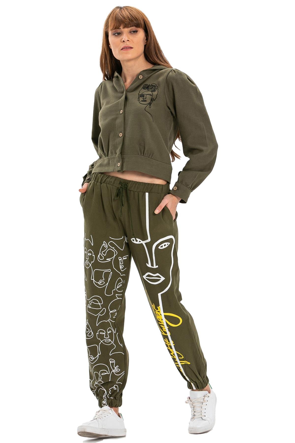 İrem Baskılı Pazen Sonbahar ve Kışlık Pantolon Haki Hk