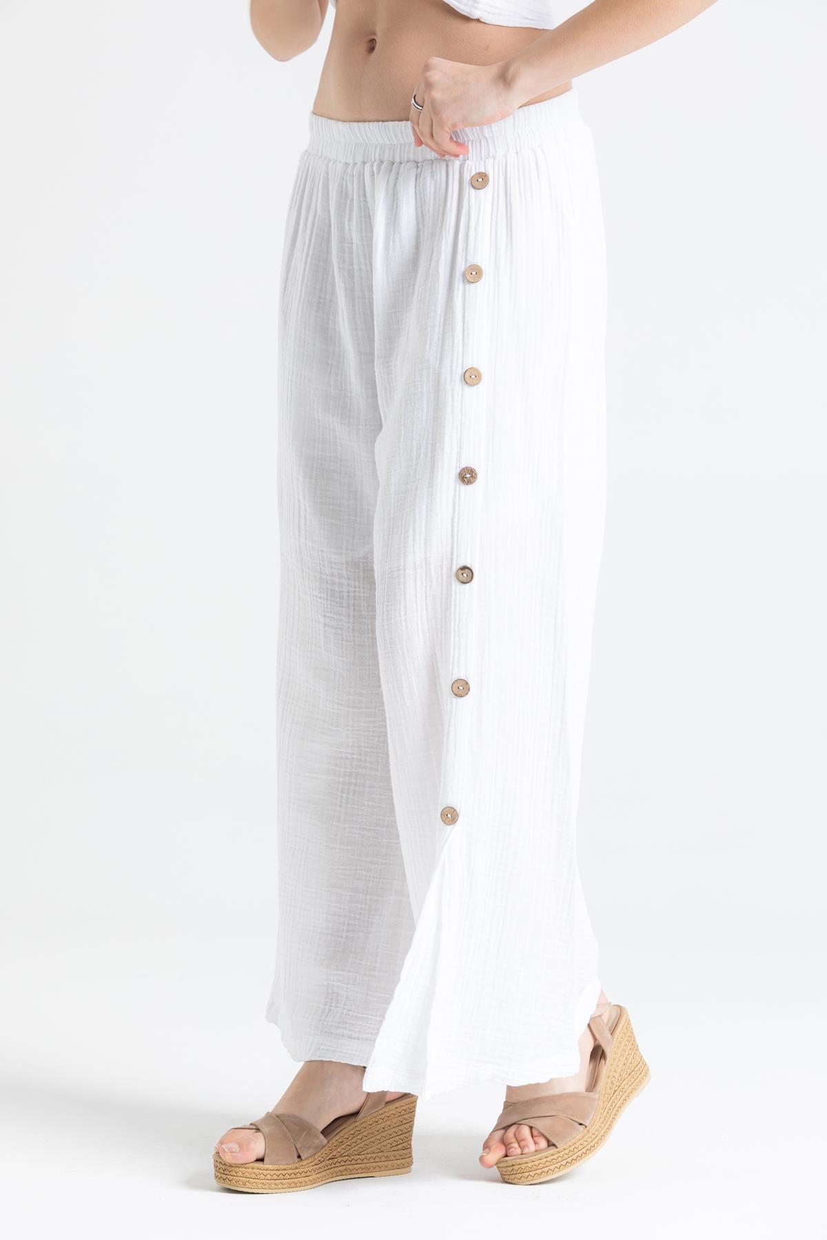 İzel Müslin Yırtmaçlı Pantolon Beyaz Byz