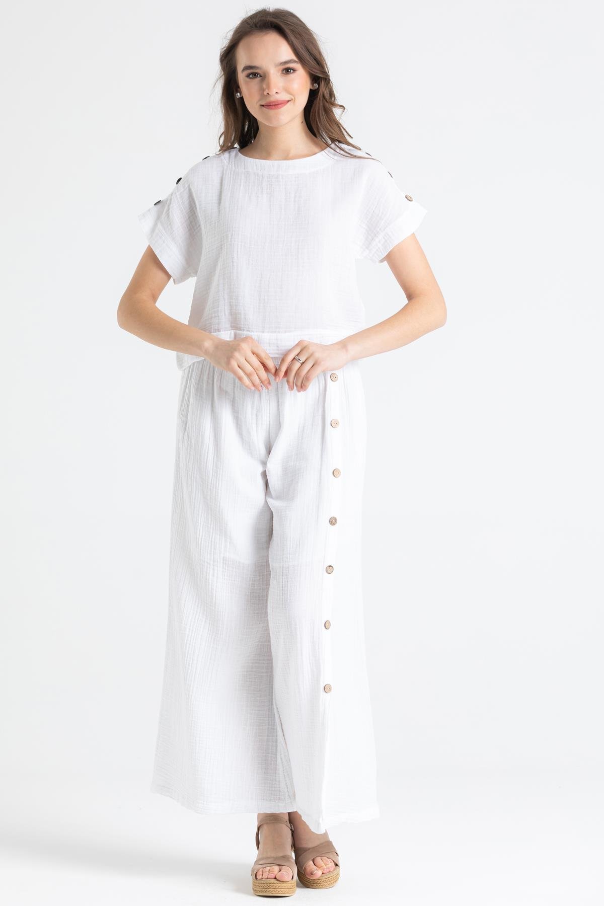 İzel Müslin Yırtmaçlı Pantolon Beyaz Byz