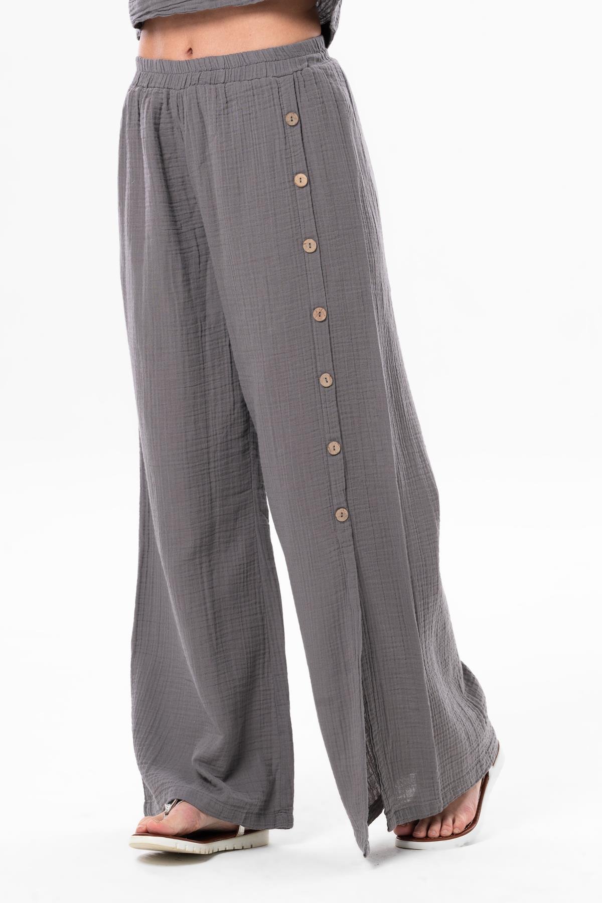 İzel Yırtmaçlı Yazlık Müslin Pantolon Gri Gri