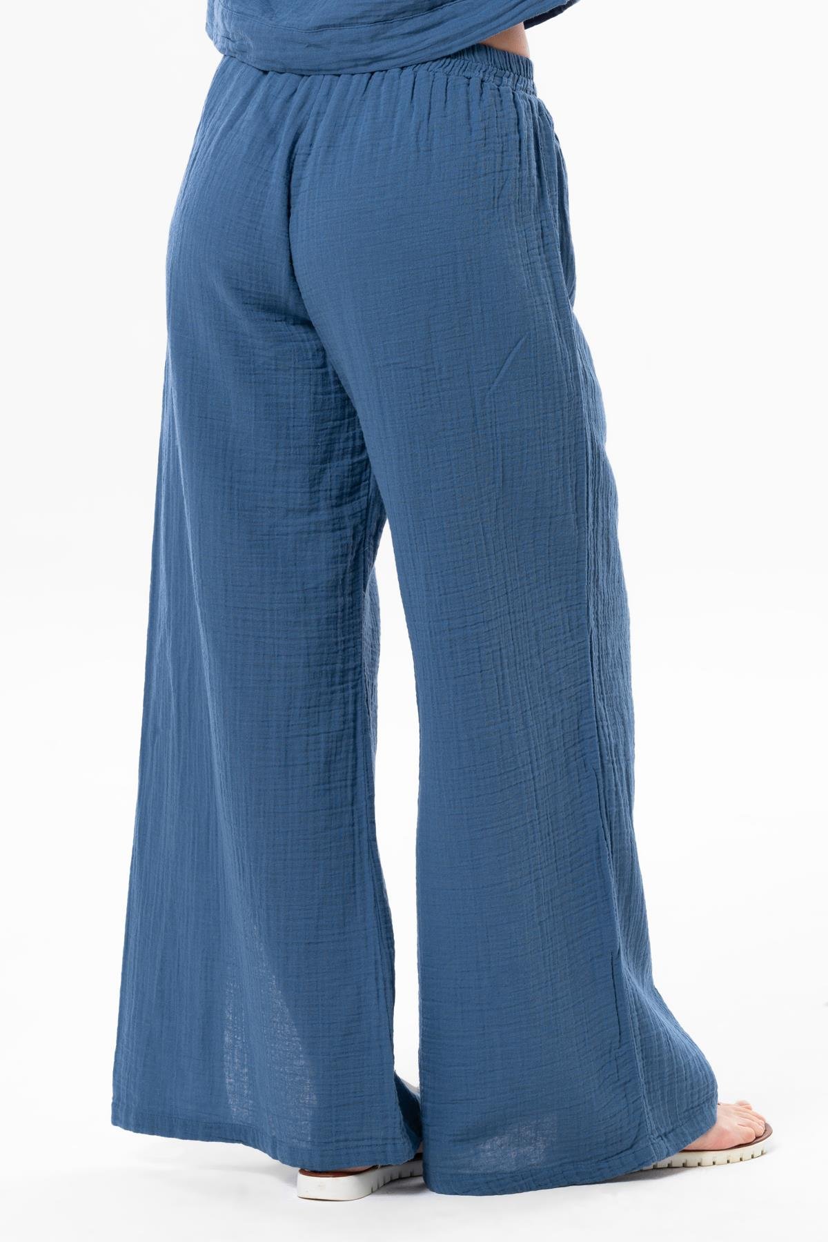 İzel Yırtmaçlı Yazlık Müslin Pantolon İndigo indg