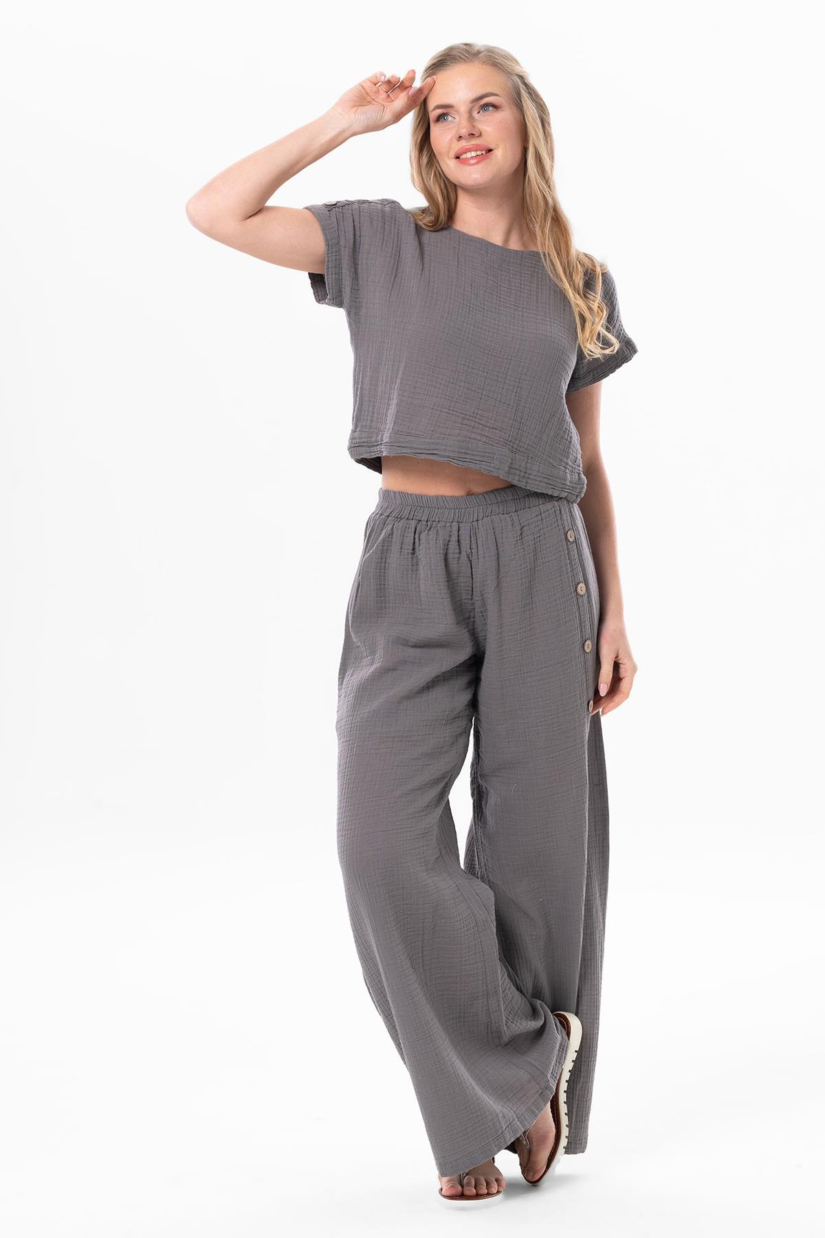 İzel Yırtmaçlı Yazlık Müslin Pantolon Gri Gri
