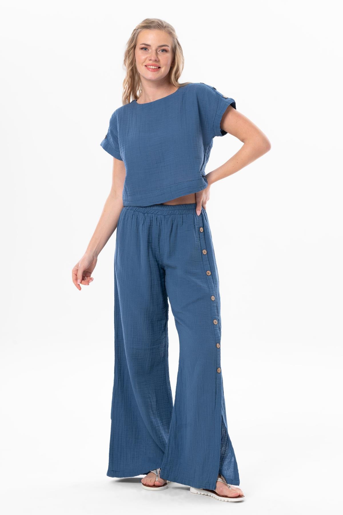 İzel Yırtmaçlı Yazlık Müslin Pantolon İndigo indg