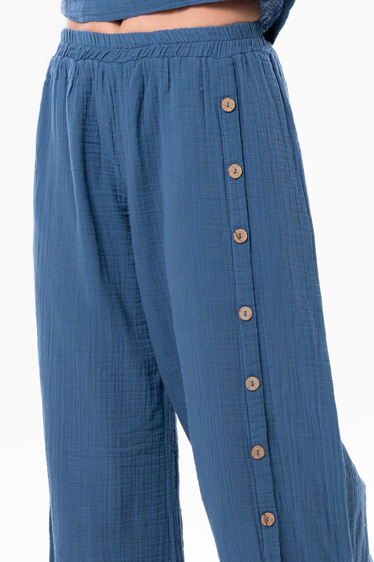 İzel Yırtmaçlı Yazlık Müslin Pantolon İndigo indg