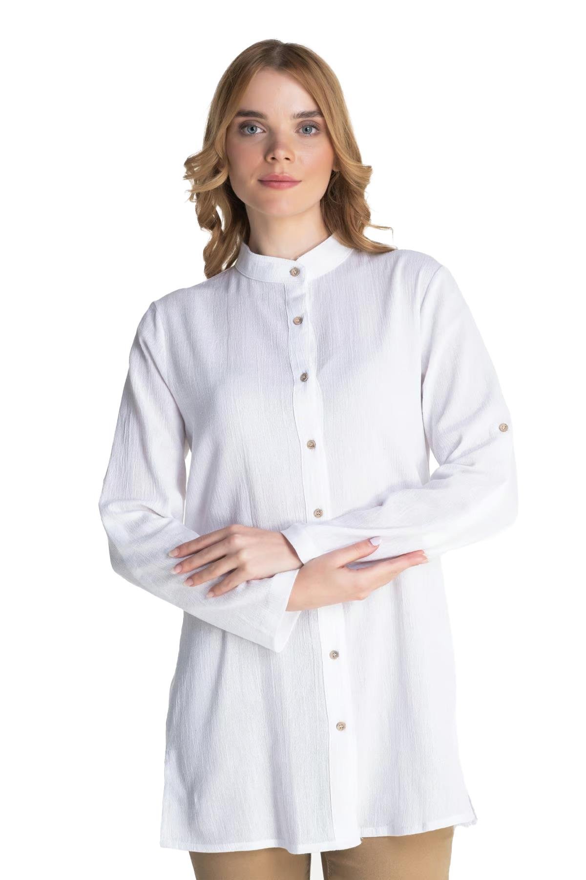 Kadın Şile Bezi Hakim Yaka Tunik Beyaz Byz