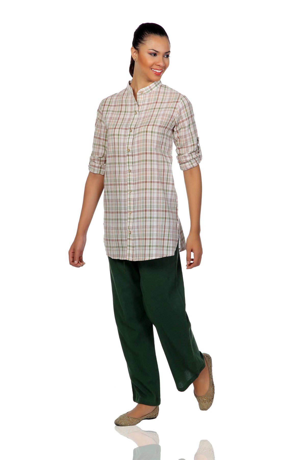 Kadın Şile Bezi Hakim Yaka Tunik Krem Çizgili