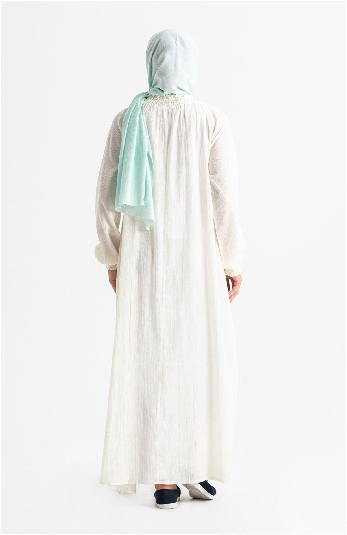 Kadın Şile Bezi Pamuk Namaz Elbisesi Tek Parça Kolay Boydan Giyilen Kolu ve Yakası Lastikli Krem Krm