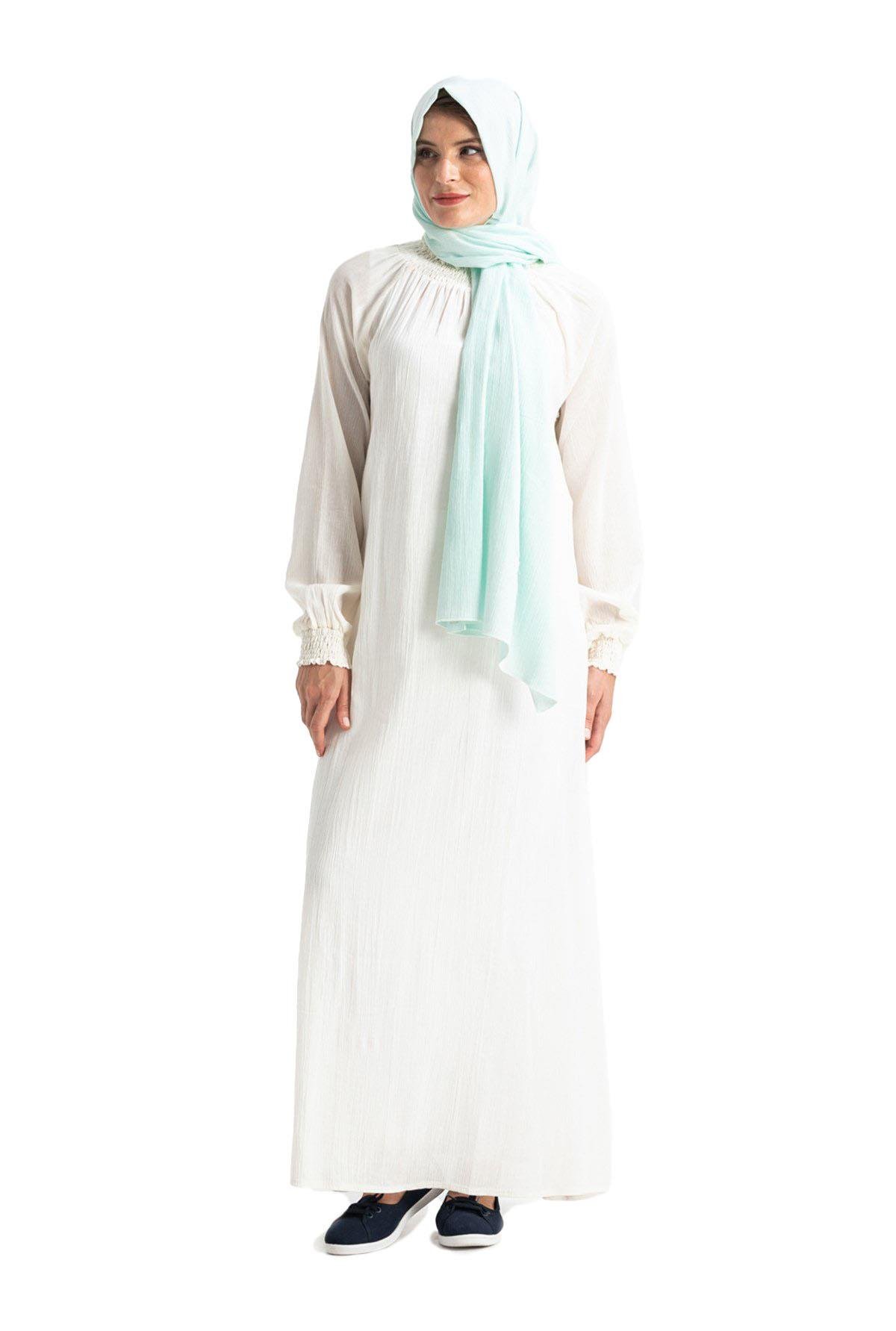 Kadın Şile Bezi Pamuk Namaz Elbisesi Tek Parça Kolay Boydan Giyilen Kolu ve Yakası Lastikli Krem Krm