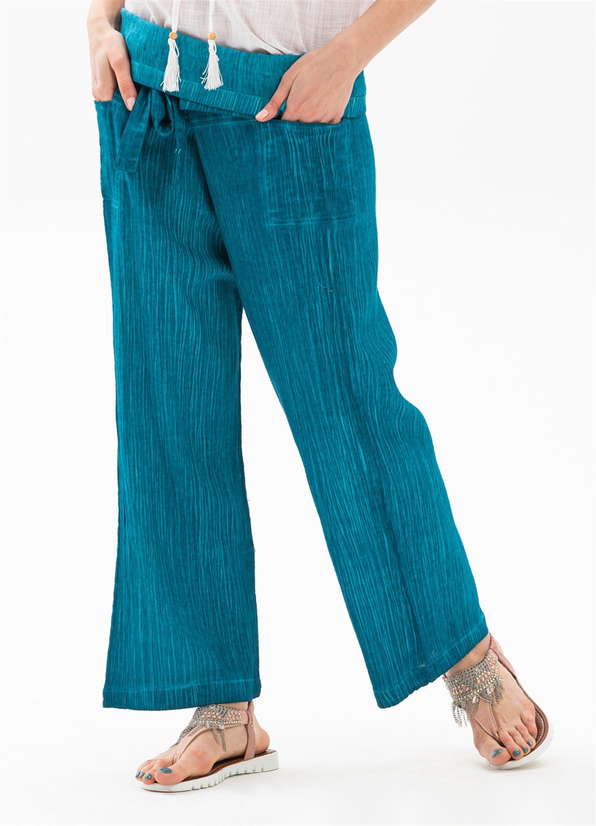 Kadın Şile Bezi Thai Balıkçı Pantolon Turkuaz