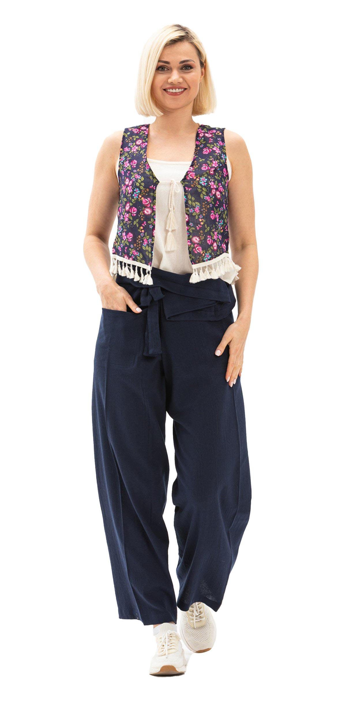 Women Sile Fabric Thai Fisherman Pants Navy Blue