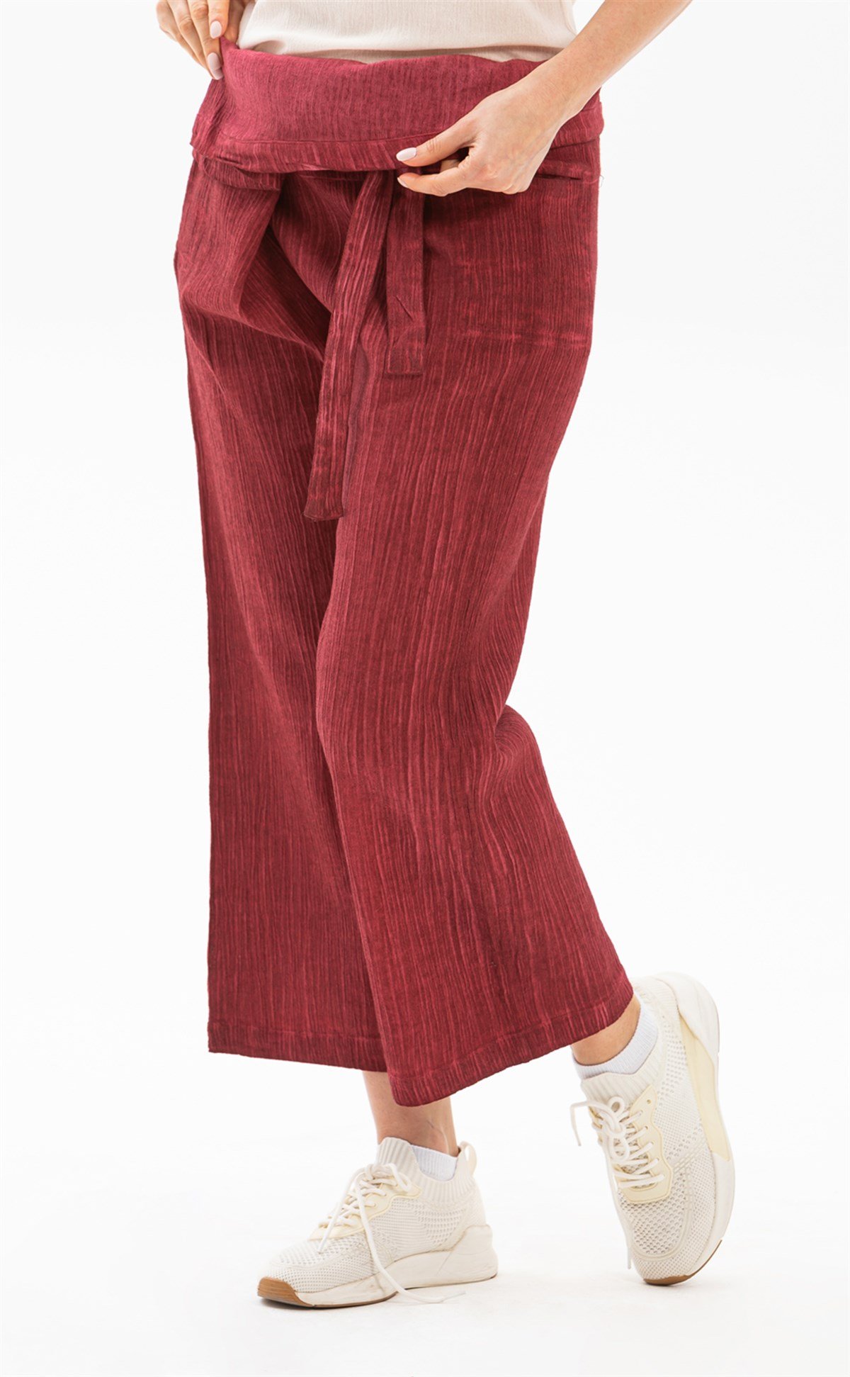 Kadın Şile Bezi Thai Balıkçı Pantolon Taşlı Bordo