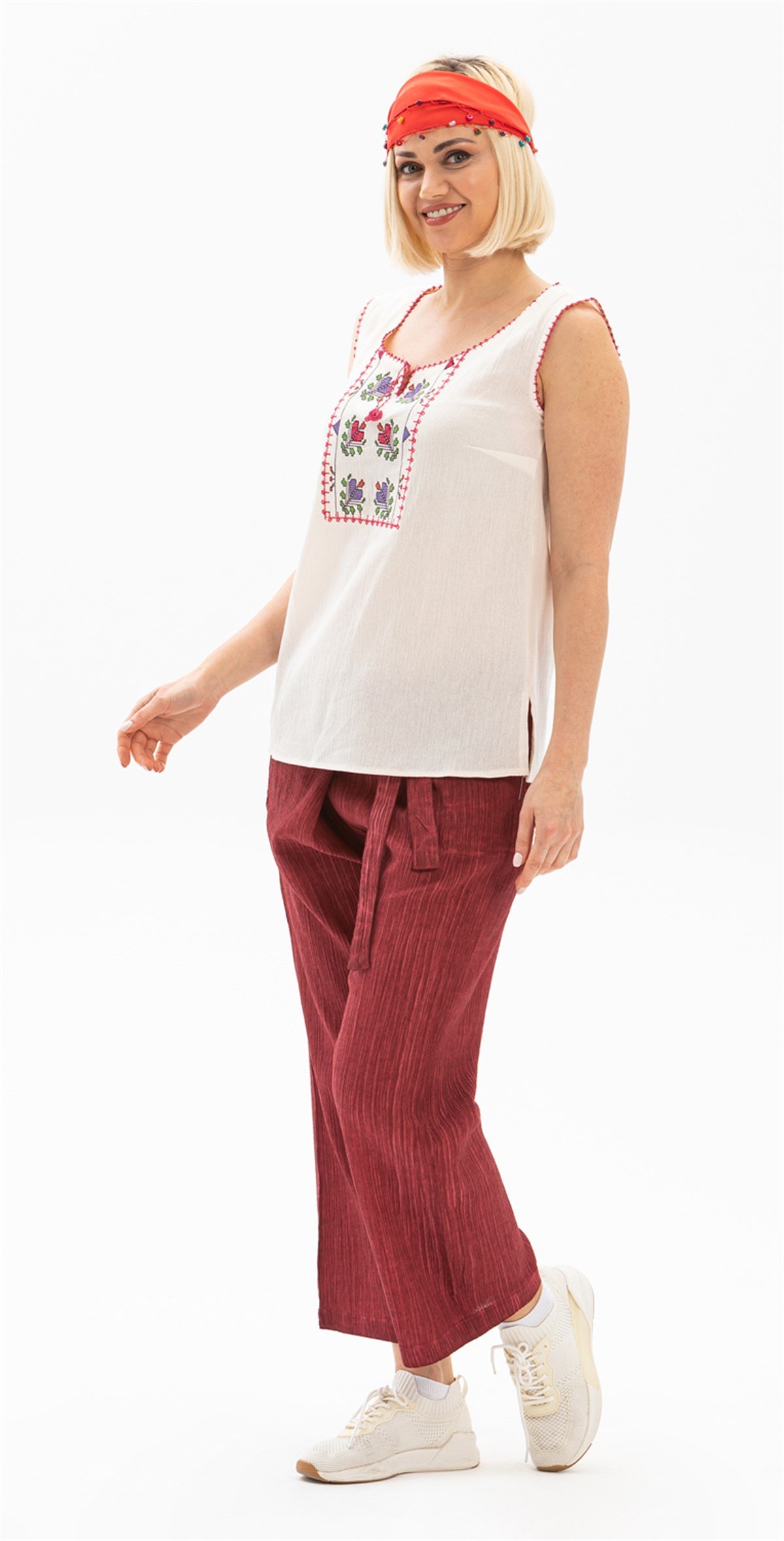 Kadın Şile Bezi Thai Balıkçı Pantolon Taşlı Bordo