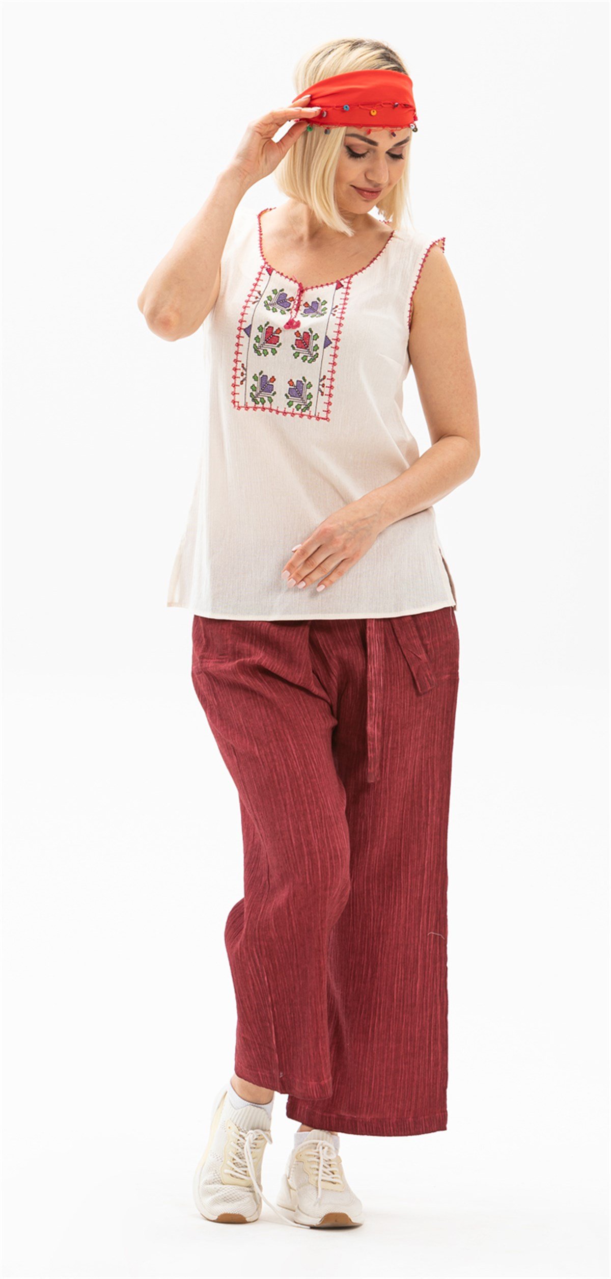 Kadın Şile Bezi Thai Balıkçı Pantolon Taşlı Bordo