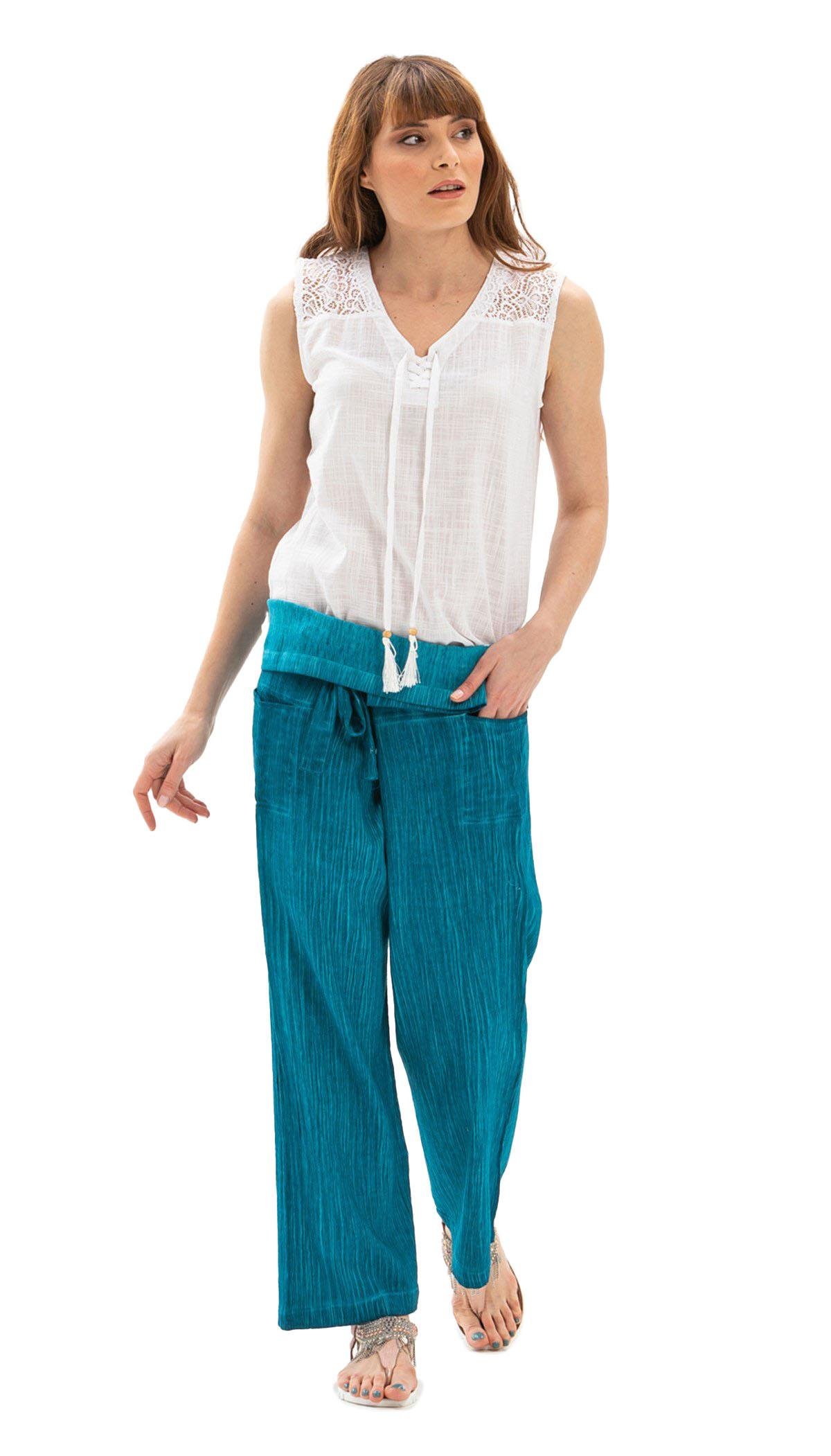 Women Sile Fabric Thai Fisherman Pants Turquoise