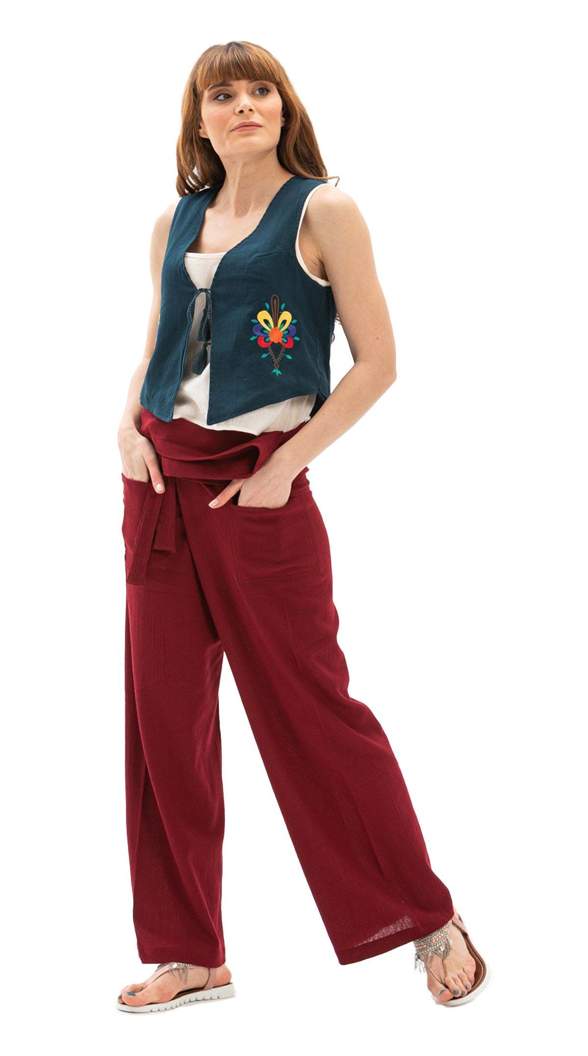 Women Sile Fabric Thai Fisherman Pants Claret Red