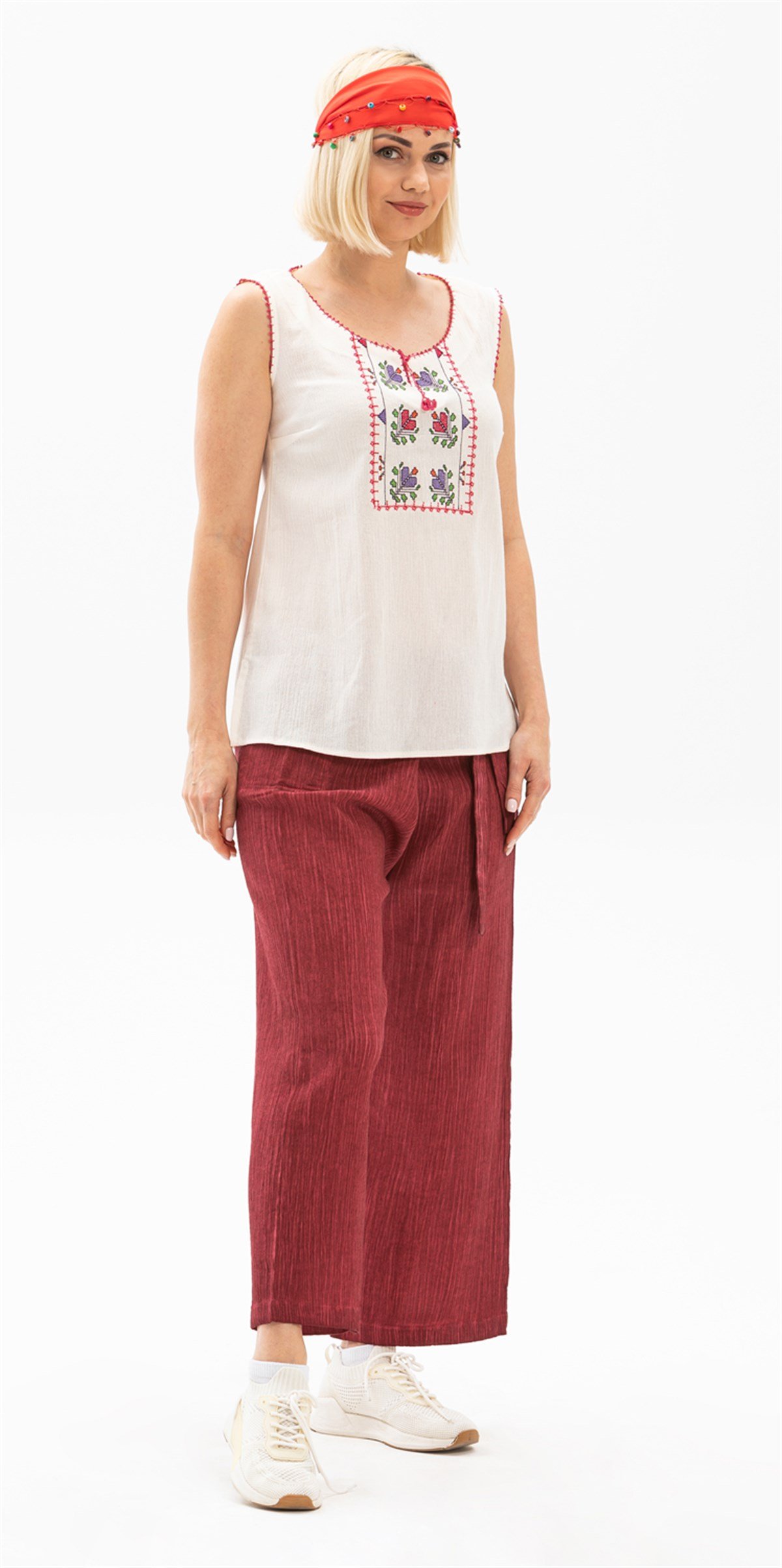 Kadın Şile Bezi Thai Balıkçı Pantolon Taşlı Bordo