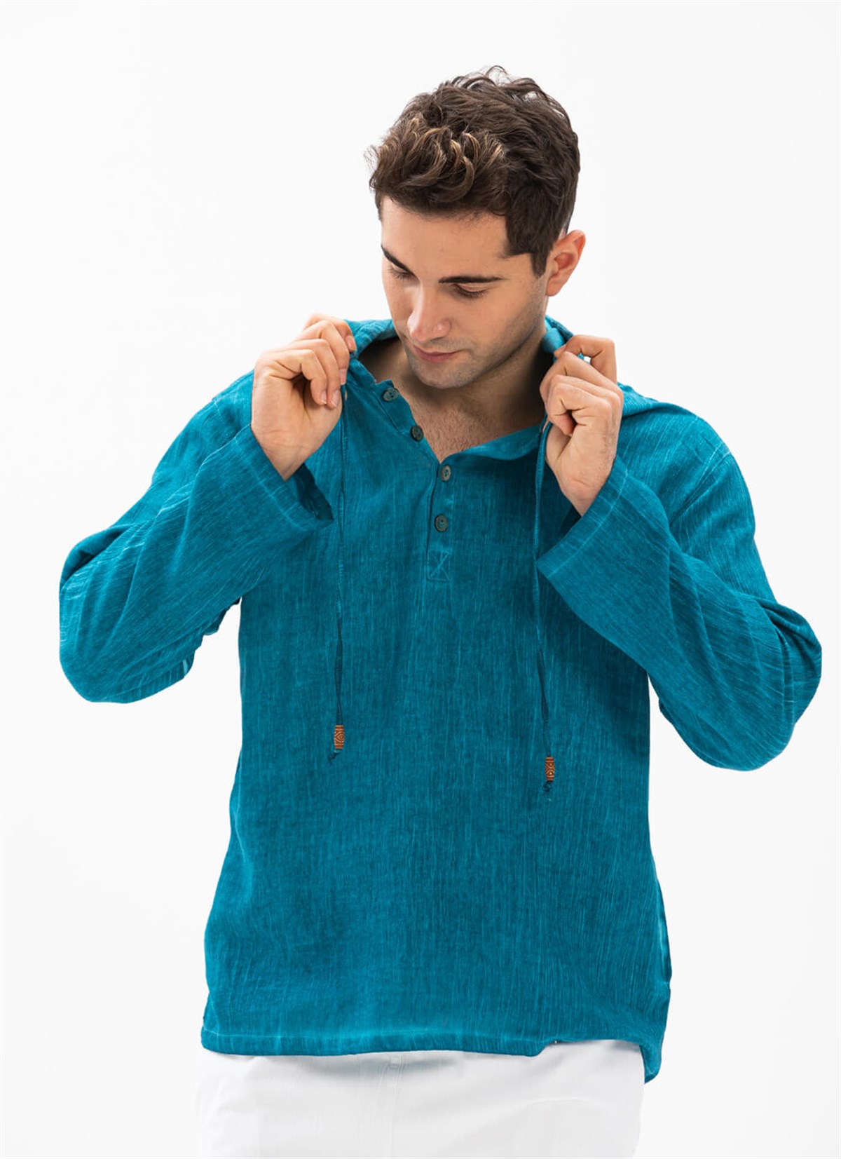 Kapüşonlu Şile Bezi Erkek Sweatshirt Turkuaz