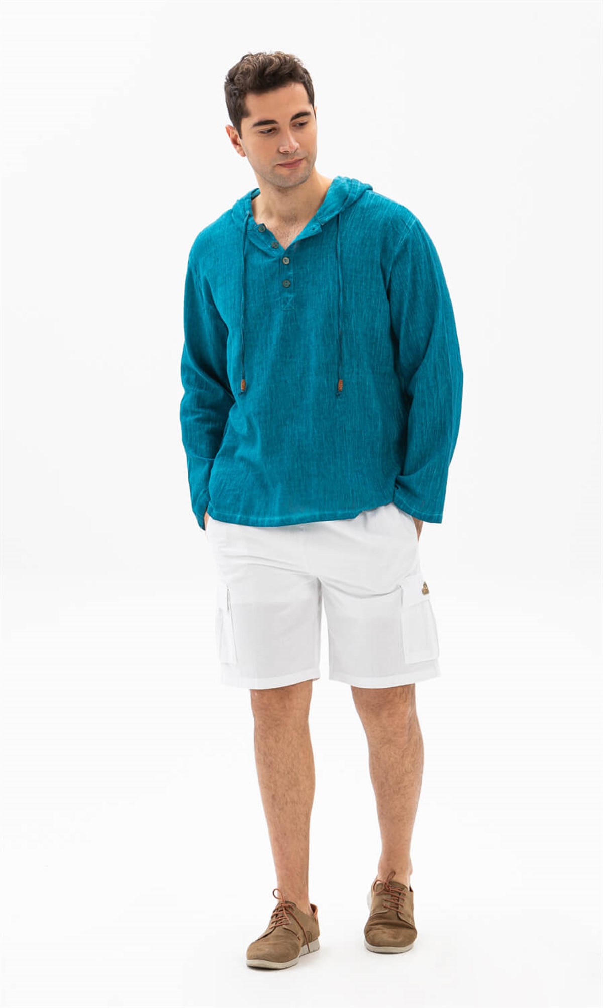 Kapüşonlu Şile Bezi Erkek Sweatshirt Turkuaz