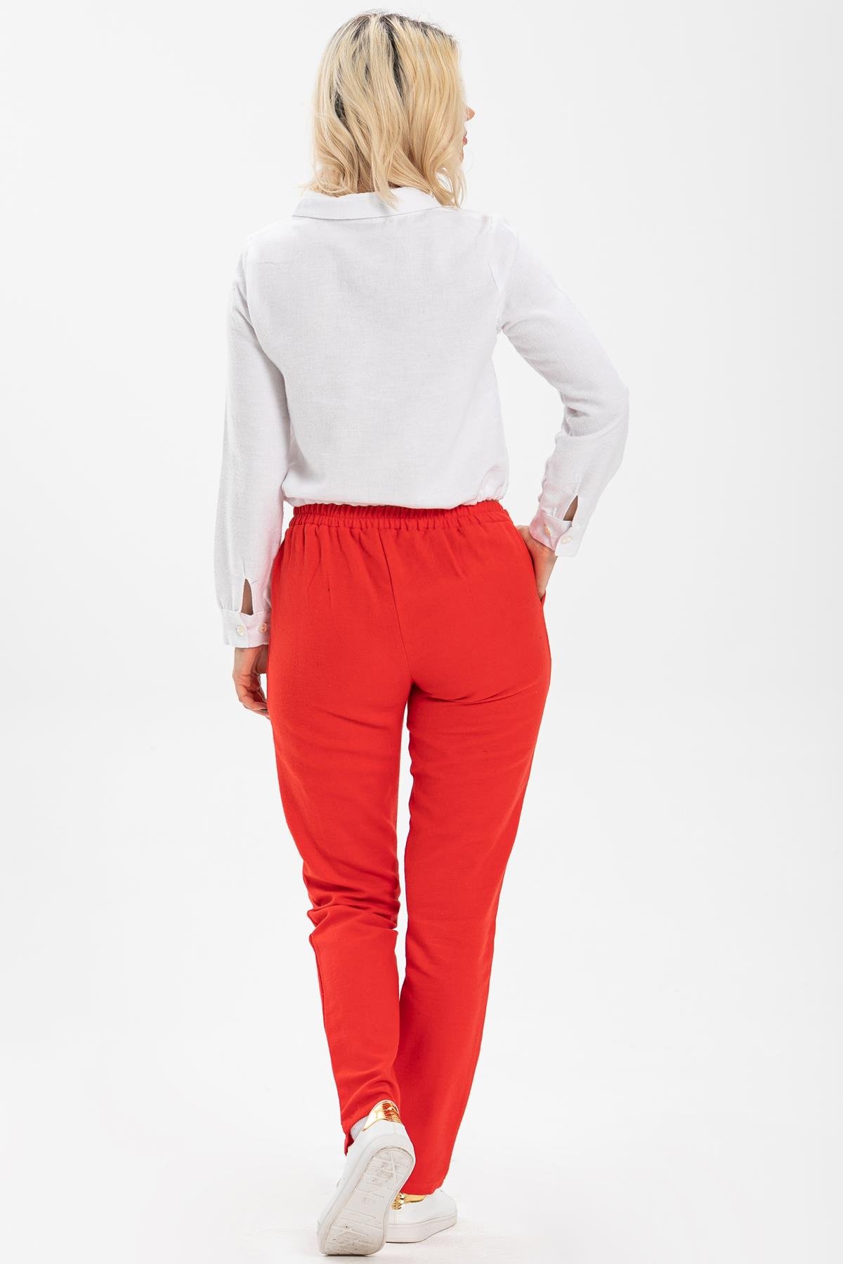 Kemerli Pazen Sonbahar ve Kışlık Pantolon Kırmızı Krmz