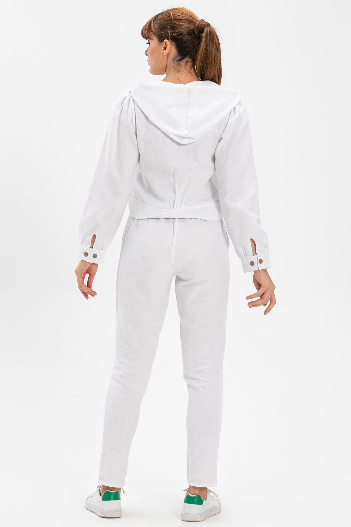 Kemerli Pazen Sonbahar ve Kışlık Pantolon Beyaz Byz