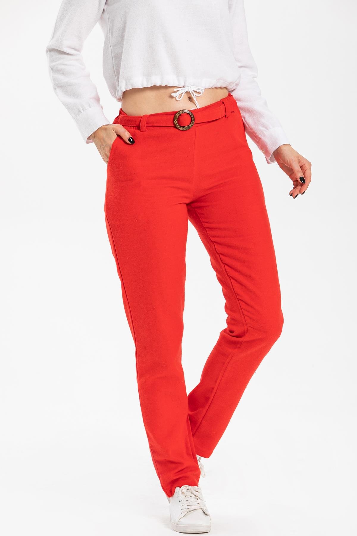Kemerli Pazen Sonbahar ve Kışlık Pantolon Kırmızı Krmz