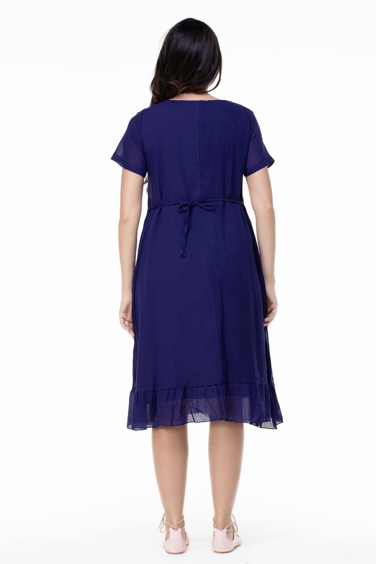 Kısa Kol Büyük Beden Mehtap Şile Bezi Nakış Detaylı Midi Boy Yazlık Otantik Elbise Mor Mor