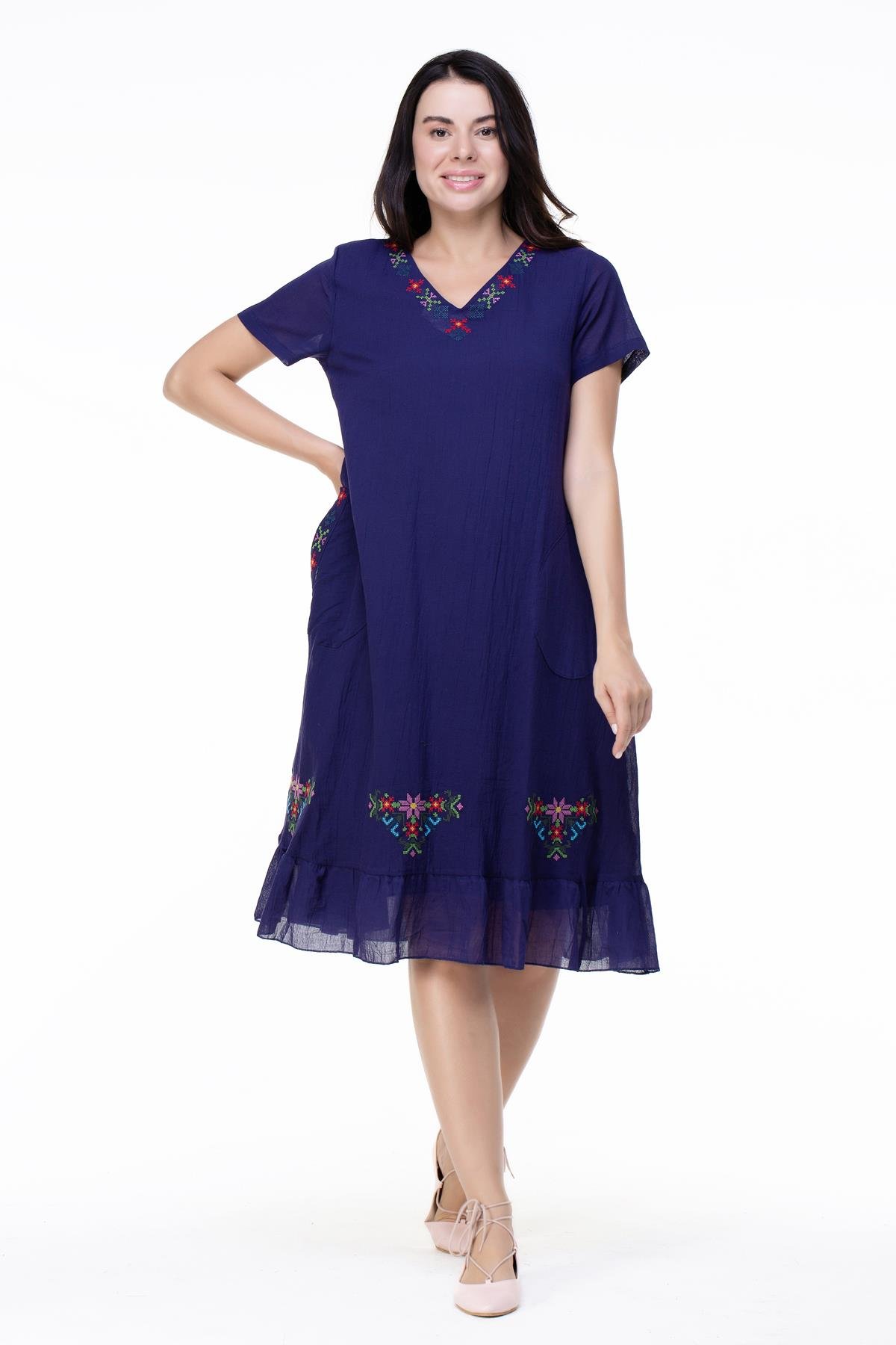 Kısa Kol Büyük Beden Mehtap Şile Bezi Nakış Detaylı Midi Boy Yazlık Otantik Elbise Mor Mor