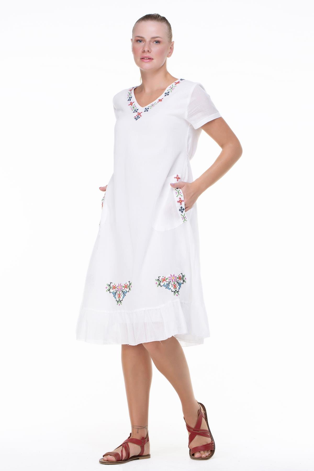 Kısa Kol Büyük Beden Mehtap Şile Bezi Nakış Detaylı Midi Boy Yazlık Otantik Elbise Krem Krm