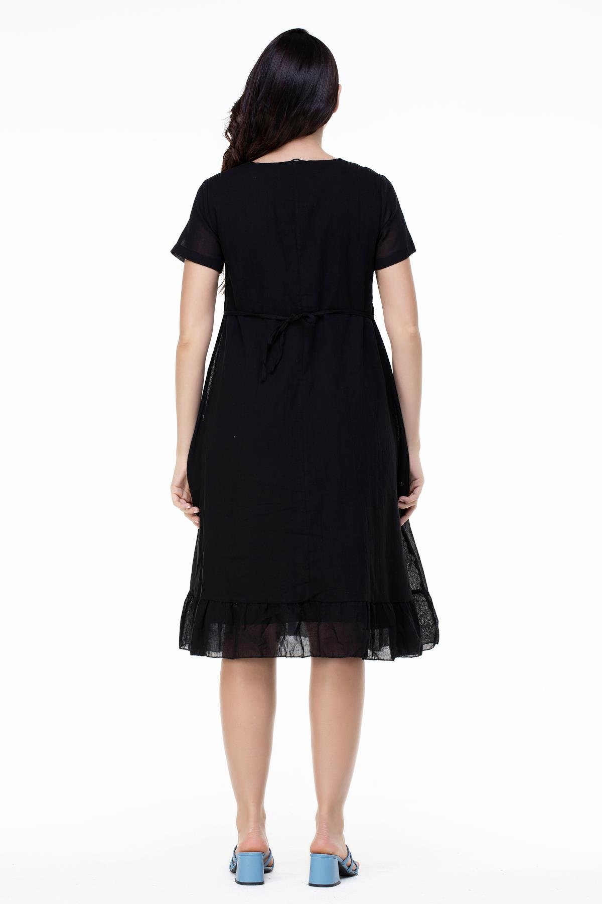 Kısa Kol Büyük Beden Mehtap Şile Bezi Nakış Detaylı Midi Boy Yazlık Otantik Elbise Siyah Syh