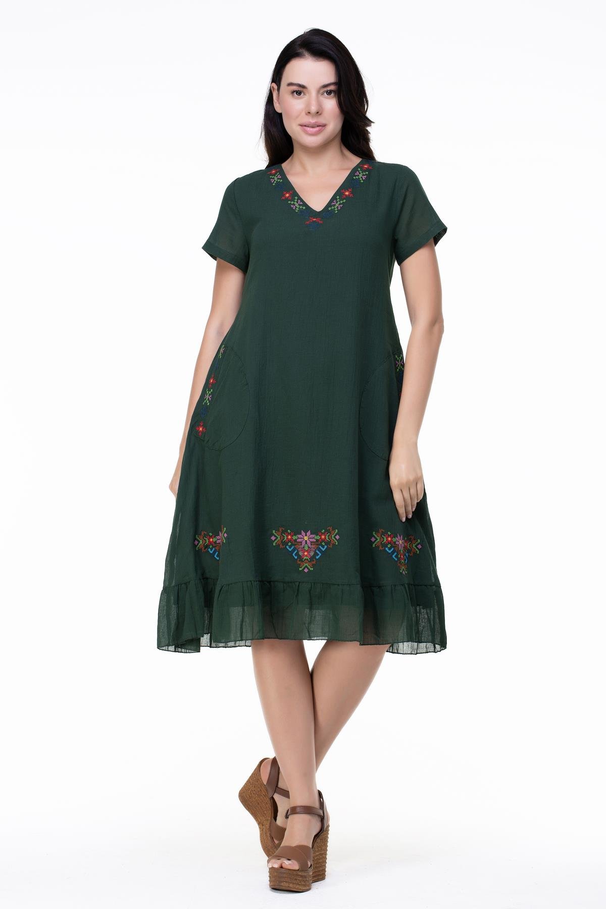 Kısa Kol Büyük Beden Mehtap Şile Bezi Nakış Detaylı Midi Boy Yazlık Otantik Elbise Yeşil Ysl